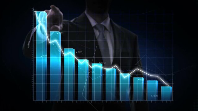 Businessman moves finger up, various animated Stock Market charts and bar graphs. decrease blue line. 4k animation.