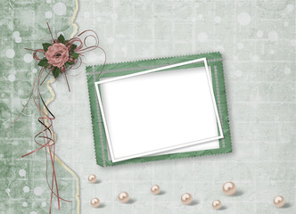 Beautiful roses with bows, ribbons and pearls on abstract paper background for festive  greeting