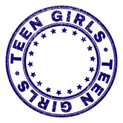 TEEN GIRLS stamp seal watermark with distress texture. Designed with circles and stars. Blue vector rubber print of TEEN GIRLS label with dust texture.