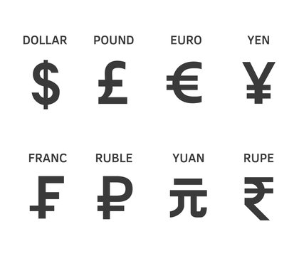 set of the most popular currency symbol