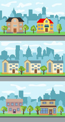 Set of three vector illustrations of city street 