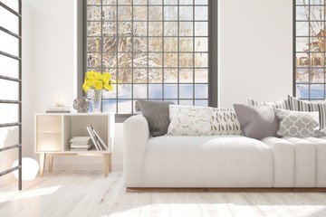 White room with sofa and winter background in window. Scandinavian interior design. 3D illustration