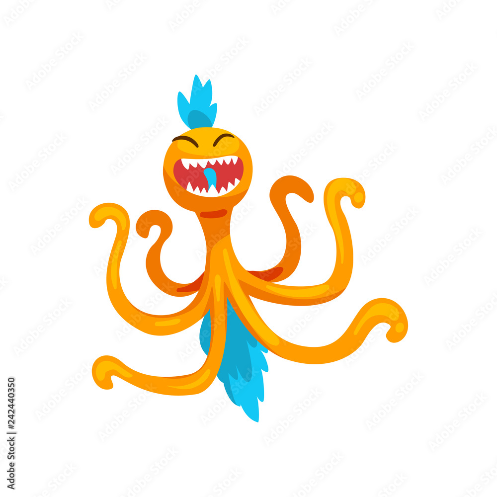 Sticker Funny octopus monster, colorful fabulous creature cartoon character vector Illustration