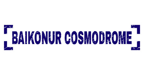 BAIKONUR COSMODROME text seal print with distress texture. Text caption is placed between corners. Blue vector rubber print of BAIKONUR COSMODROME with dirty texture.