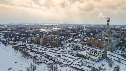 winter city pano with lot of houses and snow showed from drone , aerial photo 