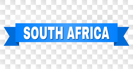 SOUTH AFRICA text on a ribbon. Designed with white title and blue stripe. Vector banner with SOUTH AFRICA tag on a transparent background.