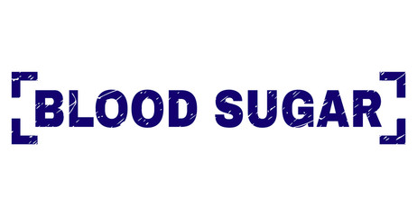 BLOOD SUGAR title seal stamp with distress texture. Text title is placed between corners. Blue vector rubber print of BLOOD SUGAR with dust texture.