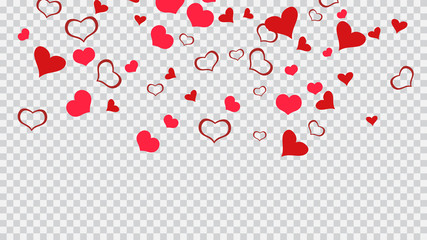 Red on Transparent background Vector. Romantic background. Red hearts of confetti are flying. Design element for wallpaper, textiles, packaging, printing, holiday invitation for birthday.