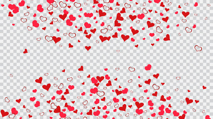 The idea of wallpaper design, textiles, packaging, printing, holiday invitation for wedding. Romantic background. Red on Transparent background Vector. Red hearts of confetti are falling.