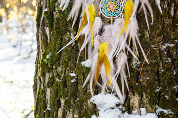 Handmade dream catcher with feathers threads and beads rope hanging