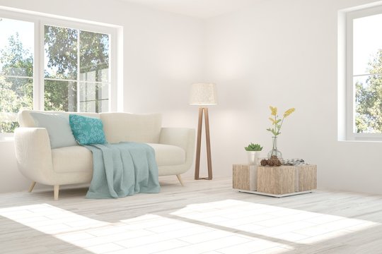 White room with sofa and green background in window. Scandinavian interior design. 3D illustration