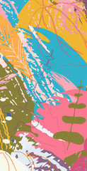 Naklejka na ściany i meble Floral vector background with tropical leaves and abstract paint brush strokes. Colorful creative backdrop suitable for web design, invitations, cards and posters.