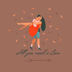 Hand drawn vector abstract cartoon modern graphic Happy Valentines day concept illustrations card with couples people together and All you need is Love text isolated on color background