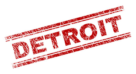 DETROIT seal watermark with grunge texture. Red vector rubber print of DETROIT label with scratched texture. Text label is placed between double parallel lines.