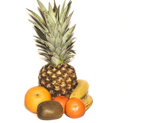 tropical fruits bananas, orange, mandarin, kiwi, pineapple isolated on white background