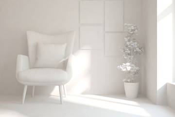 White room with armchair. Scandinavian interior design. 3D illustration