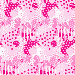 Abstract pink tile pattern with liquid forms and geometric triangle shapes.
