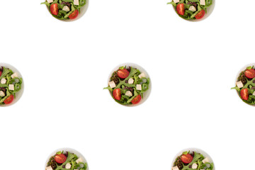 Cup with vegetable salad on white isolated background Top view flat lay pattern