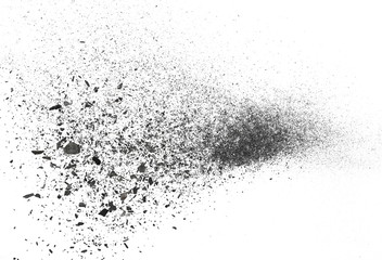 Fototapeta na wymiar Black charcoal dust, gunpowder explosion texture isolated on white background, top view