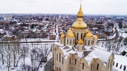 winter Church showed from drone aerial photo 