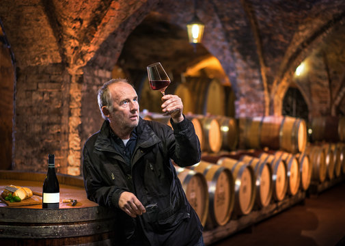 Mann begutachtet Rotwein - Weinprobe im Gew&ouml;lbekeller