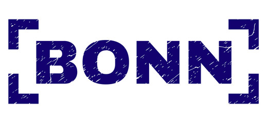 BONN text seal print with distress effect. Text caption is placed between corners. Blue vector rubber print of BONN with dirty texture.