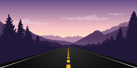 straight paved road with forest and mountain landscape at dawn vector illustration EPS10 © krissikunterbunt