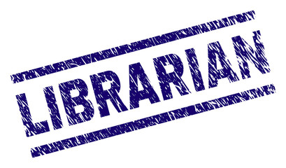 LIBRARIAN seal print with scratced style. Blue vector rubber print of LIBRARIAN tag with dust texture. Text caption is placed between parallel lines.