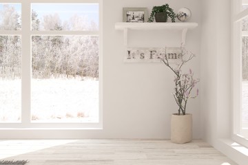 White empty room with winter background in window. Scandinavian interior design. 3D illustration