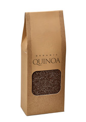 Black organic quinoa seeds in brown kraft paper bag with transparent die cut window isolated on white background with generic quinoa typing.