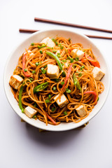 Schezwan hakka noodles with paneer or cottage cheese. Served in a bowl. selective focus