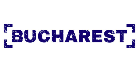 BUCHAREST label seal print with grunge texture. Text label is placed between corners. Blue vector rubber print of BUCHAREST with unclean texture.