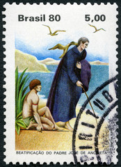 BRAZIL - 1980: shows Father Anchieta Jose Diaz de Clavijo (1534-1597), Writing Virgin Mary, Mother...