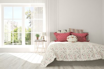 White bedroom with summer background in window. Scandinavian interior design. 3D illustration