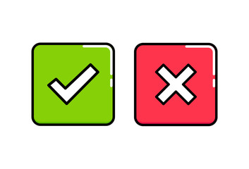 Do and Don't square box vector icons. Modern flat illustration. Check tick and reject icons in green and red square. Outline icons for your project.