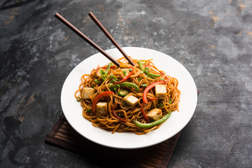 Schezwan hakka noodles with paneer or cottage cheese. Served in a bowl. selective focus