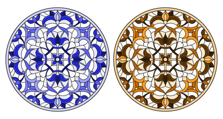 Set of illustrations in stained glass style with round floral arrangements, blue and brown tone