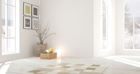 White empty room with winter background in window. Scandinavian interior design. 3D illustration