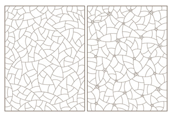 Set of contour illustrations of stained glass with abstract background images, dark contours on white background