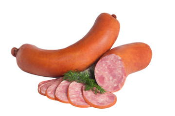 Fresh sausage with a branch of dill on white background