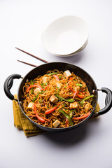 Schezwan hakka noodles with paneer or cottage cheese. Served in a bowl. selective focus