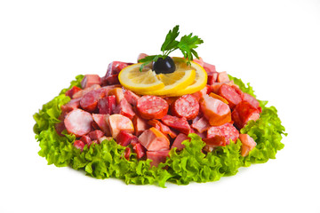 Sausage assortment for soup solyanka isolated on white background