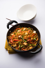 Schezwan hakka noodles with paneer or cottage cheese. Served in a bowl. selective focus