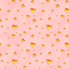 Cute abstract watercolor seamless pattern with hearts and stars.
