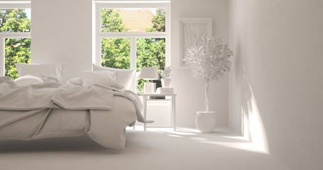 White modern bedroom with green landscape in window. Scandinavian interior design. 3D illustration