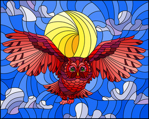 Fototapeta premium Ilustracja w stylu witrażu z abstrakcyjną czerwoną dziką sową latającą na tle nieba i słońca