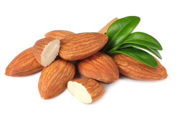 almond with green leaves isolated on white background