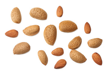 almonds isolated on white background. top view