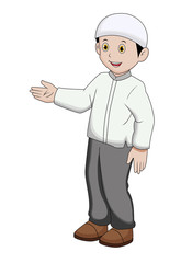 Illustration of a Muslim boy waving his right hand on a white background