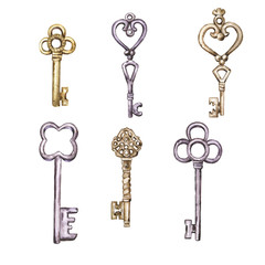 Set of decorative vintage golden and silver keys isolated on white background. Hand drawn watercolor illustration. 